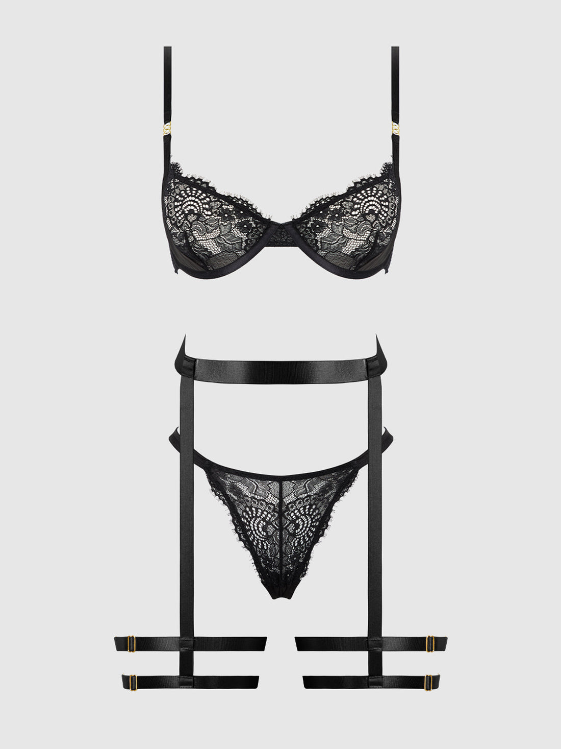 Helena Lace Bra, Garter & Open Back Hipster Set