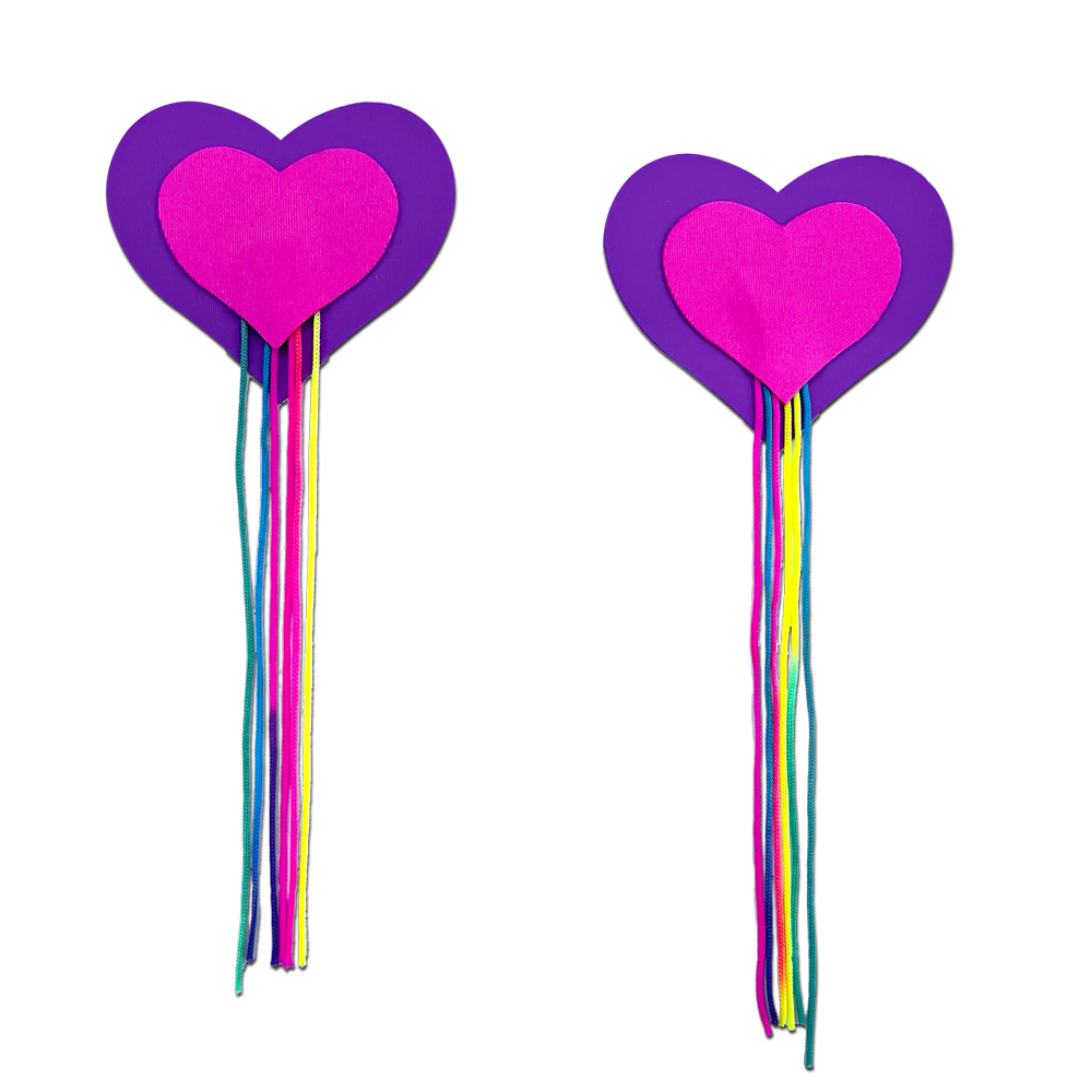 Pastease Hearts w/Fringe Rainbow Tassels - Neon Pink/Purple
