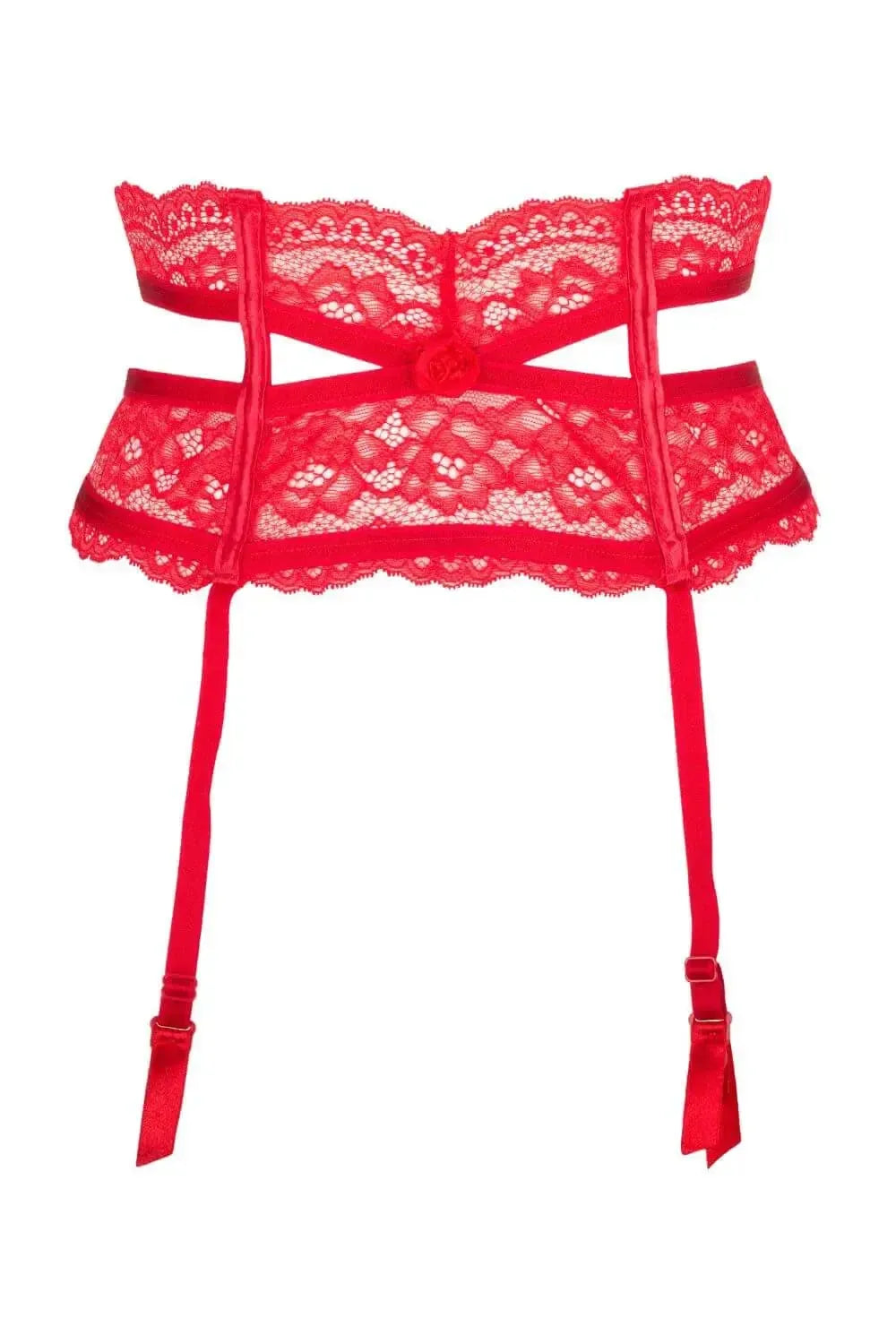 Stunning red lace high-waisted garter belt with unique cut, emphasizing waistline and hips.