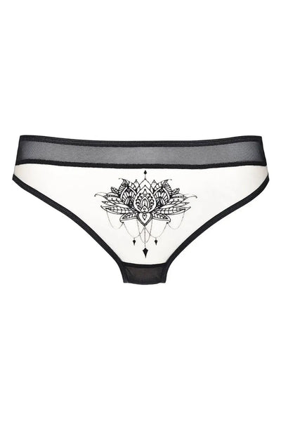 Axami Isabella Sheer Lotus Tanga Thong with delicate black lotus motif on sheer white fabric.