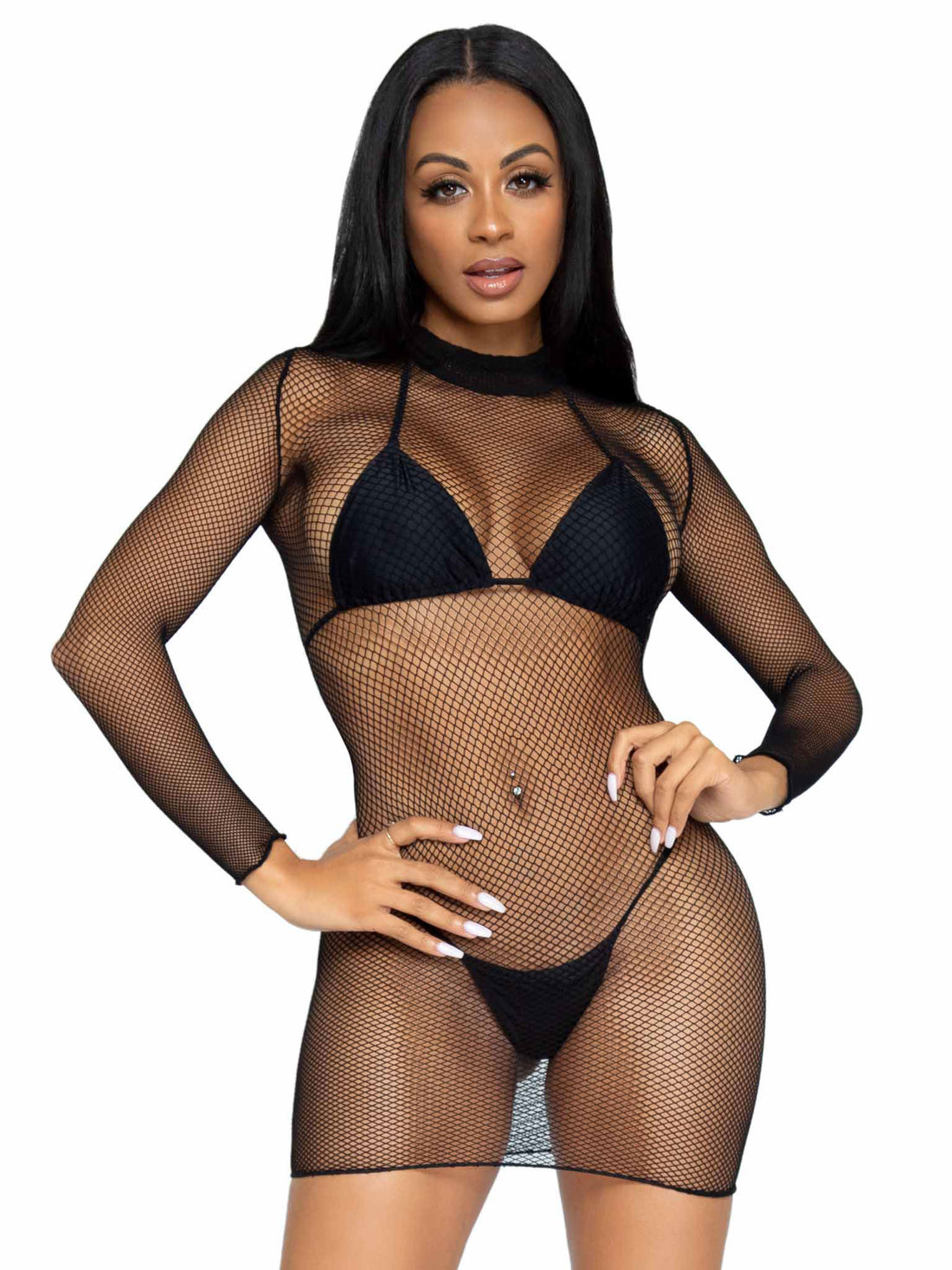 "Ultra Net Long Sleeve High Neck Mini Dress - One Size - Black LA-86799BLKOS"