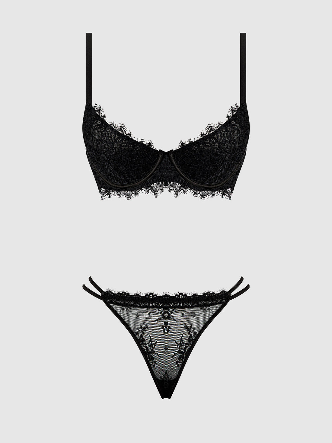 Jocelyn Lace & Satin Push Up Bra Strappy Thong Set Black