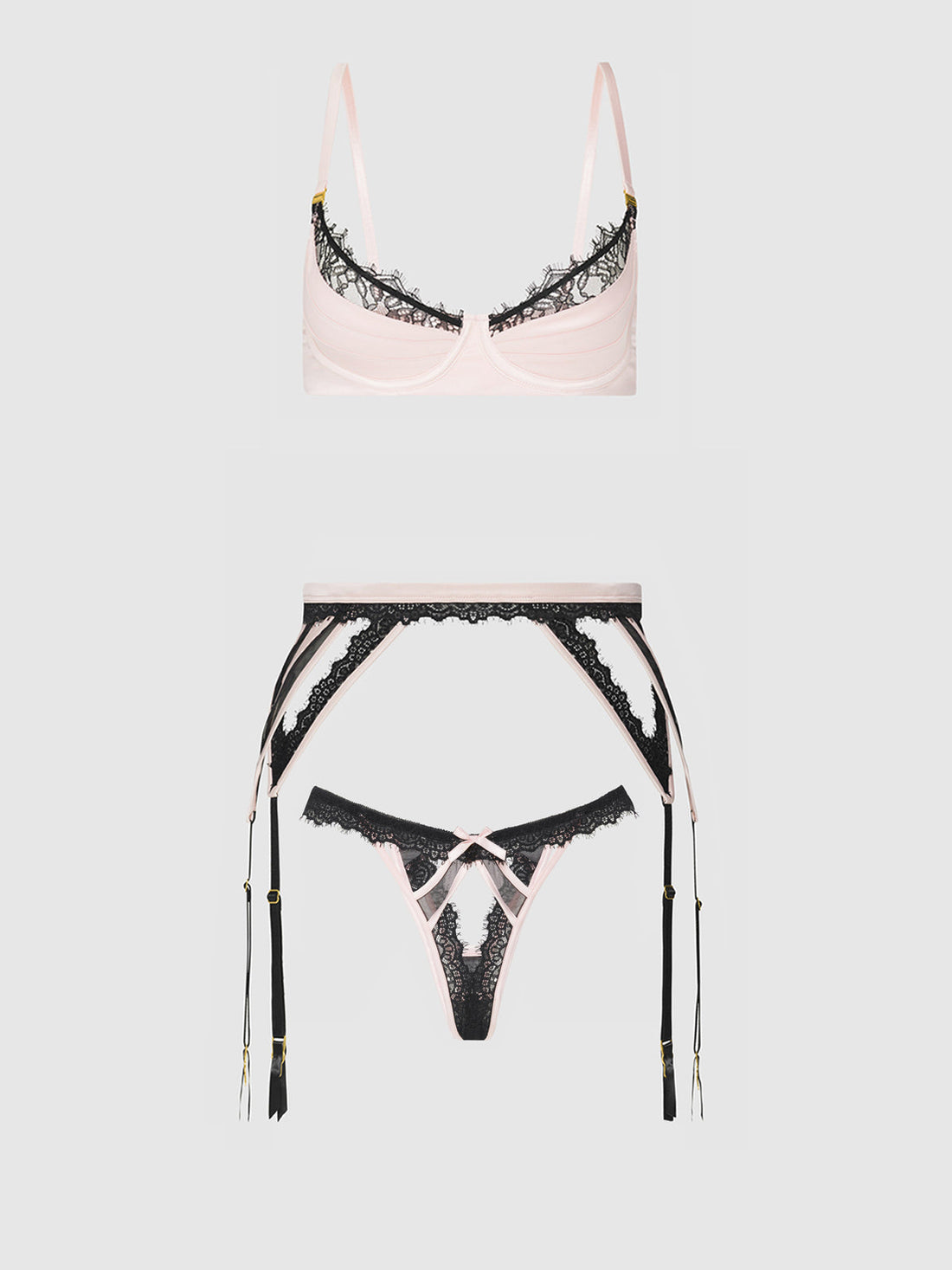 Jocelyn Satin & Lace Garter Push-Up Bra Set Pink