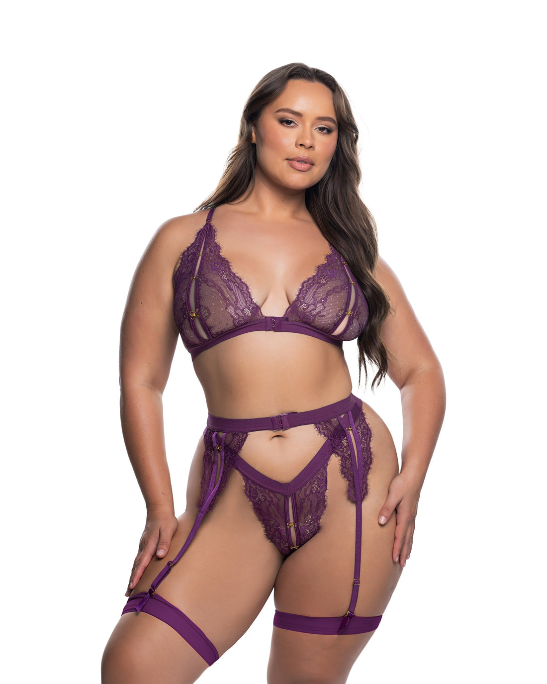 Roma Confidential Queen Plus Lace Unhook Me Garter Bra Set Purple