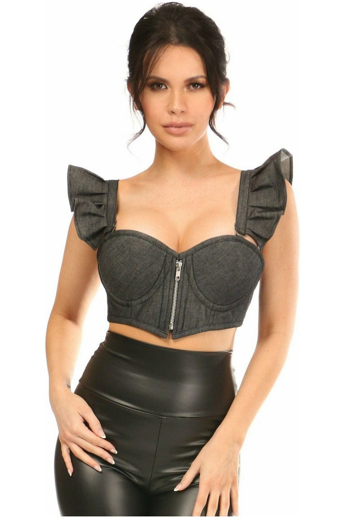 Daisy Corsets Lavish Black Denim Underwire Bustier Top w/Removable Ruffle Sleeves