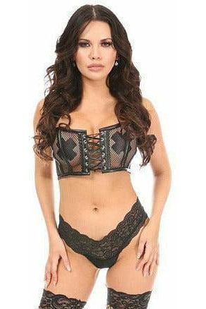 Daisy Corsets Lavish Black Fishnet & Faux Leather Lace-Up Short Bustier Top