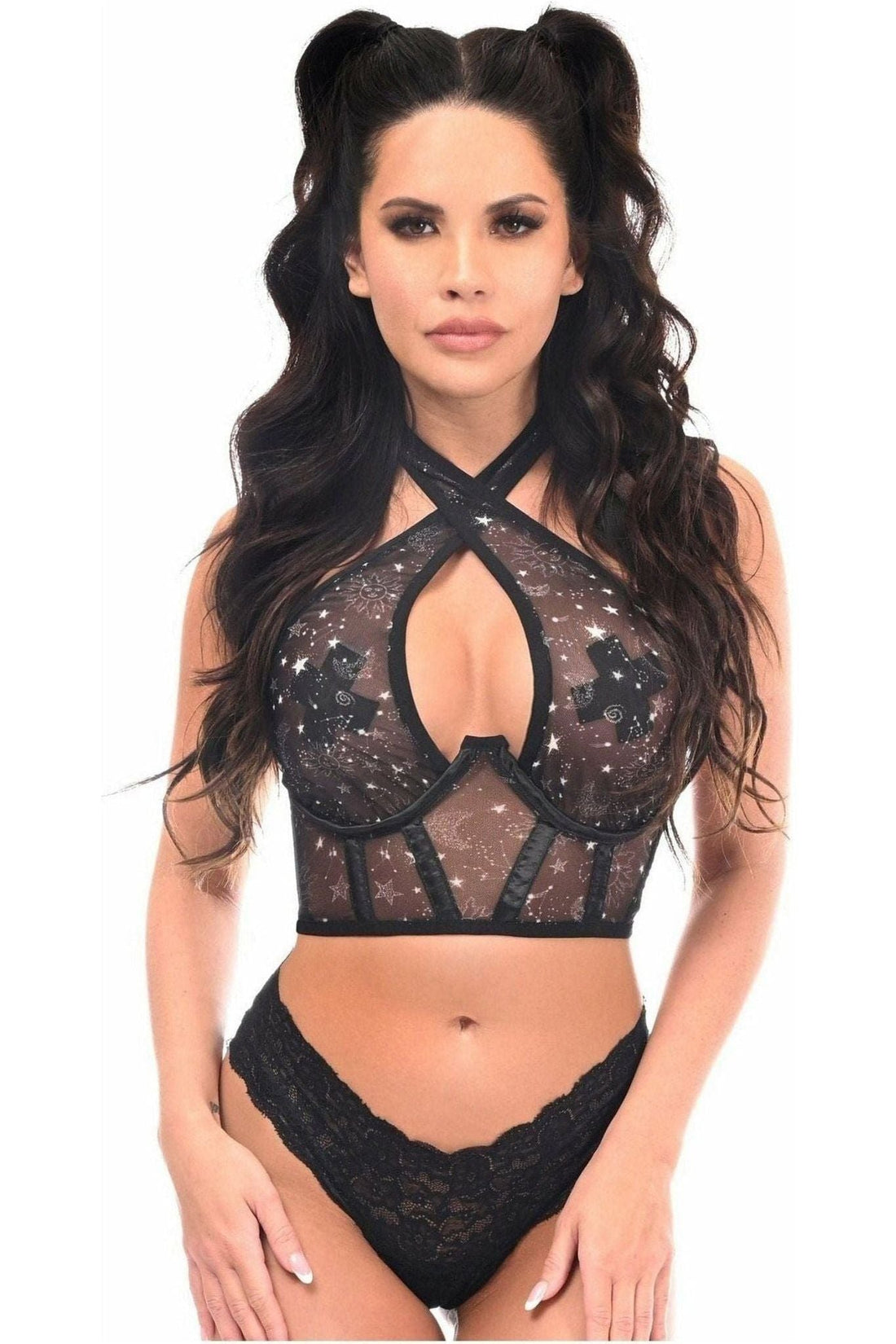 Daisy Corsets Lavish Celestial Print Mesh Underwire Cincher w/Built In Halter Top