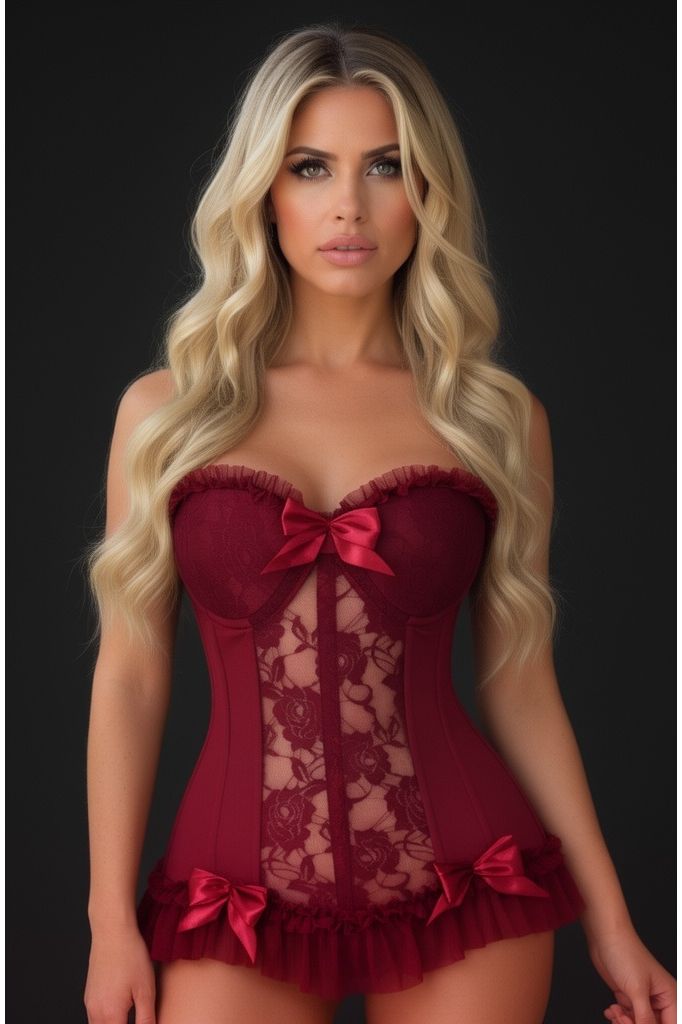 Daisy Corsets Lavish Dark Red Wine Lycra & Lace Hook & Eye Stretch Bustier Corset