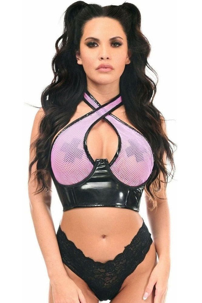Daisy Corsets Lavish Lt Pink/Black Vinyl & Fishnet Halter Top Underwire Cincher