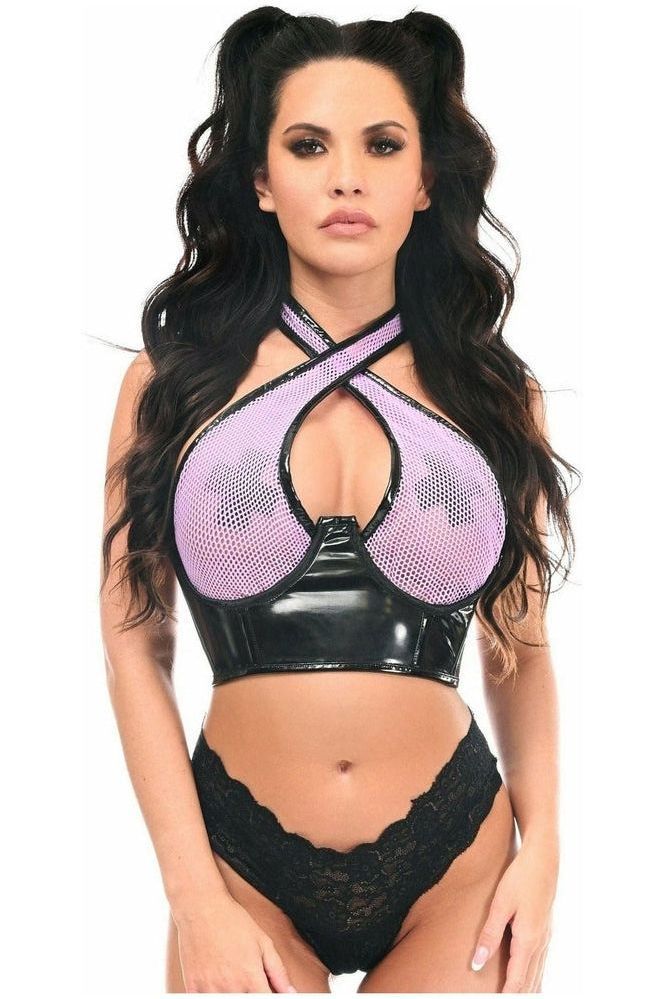 Daisy Corsets Lavish Purple/Black Vinyl & Fishnet Halter Top Underwire Cincher