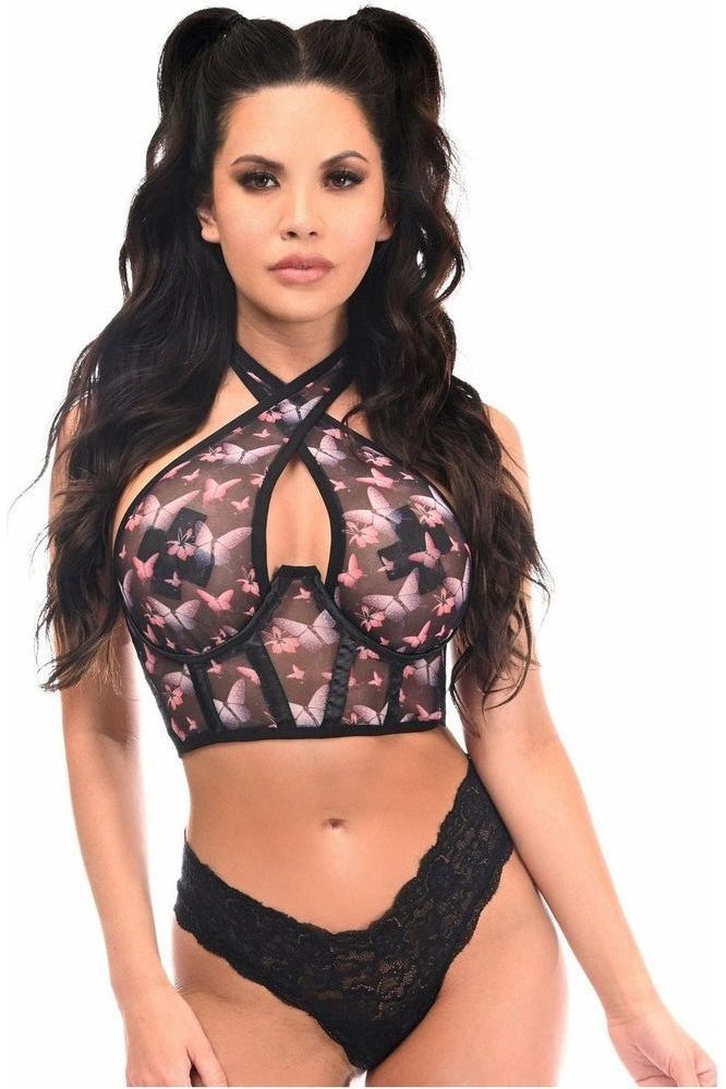 Daisy Corsets Lavish Pink & Purple Butterfly Mesh Underwire Cincher w/Built In Halter Top