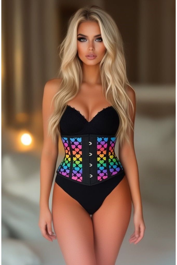 Daisy Corsets Lavish Rainbow Hearts Print Satin Mini Cincher Corset