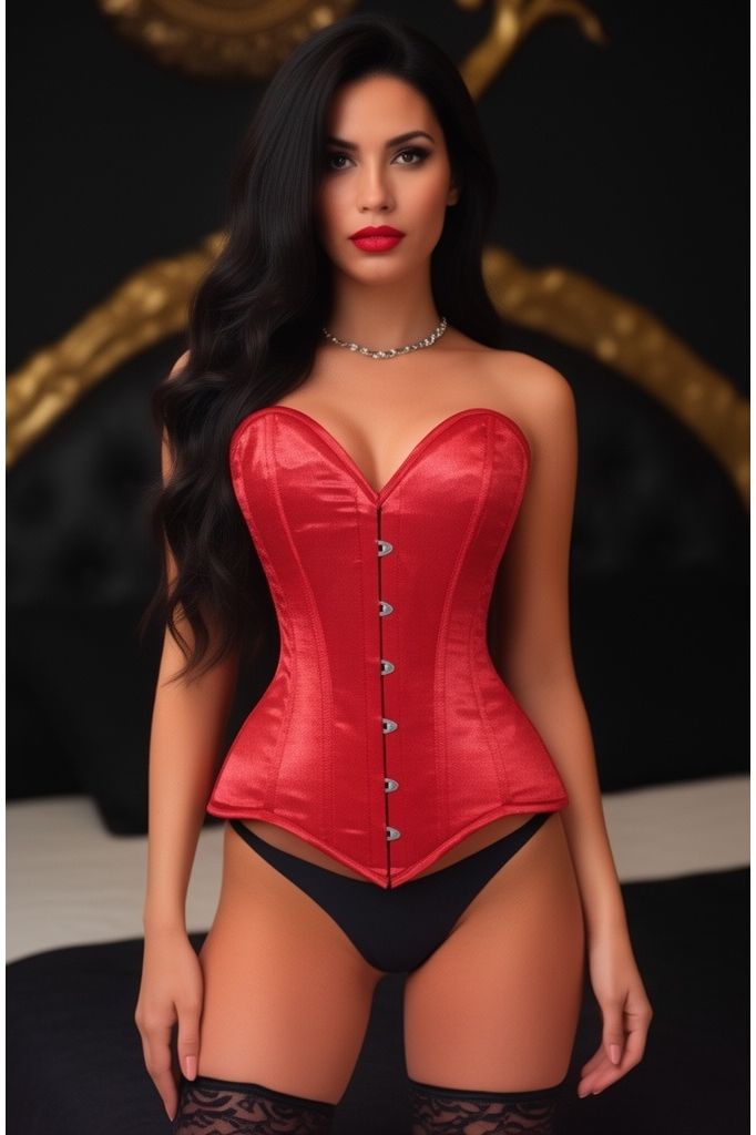 Daisy Corsets Lavish Red Satin Overbust Corset Sweetheart Neckline Busk Closure