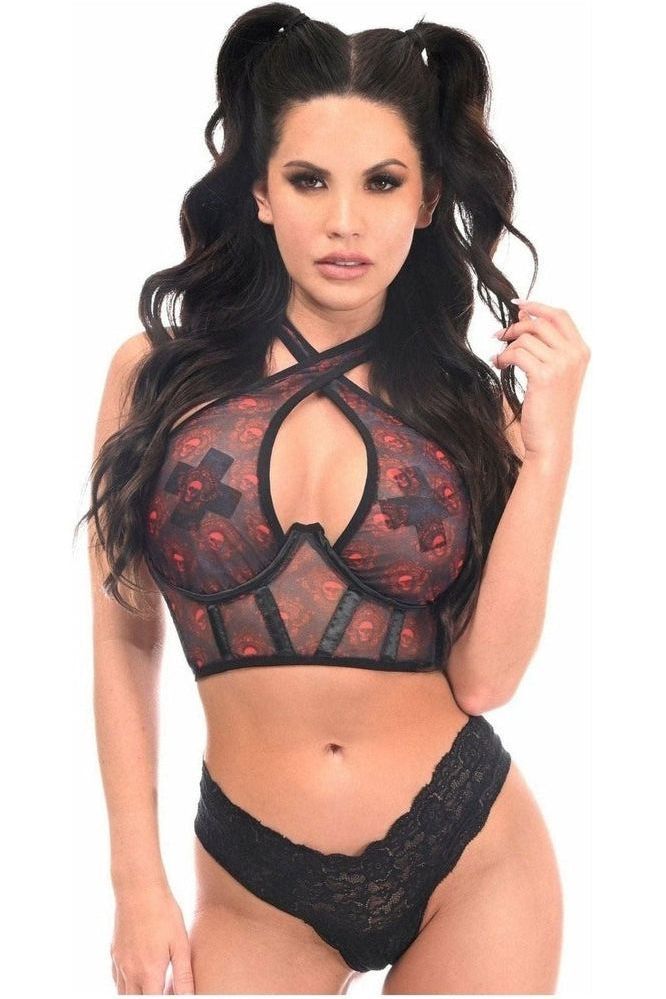 Daisy Corsets Lavish Red Skulls Print Mesh Underwire Cincher w/Built In Halter Top