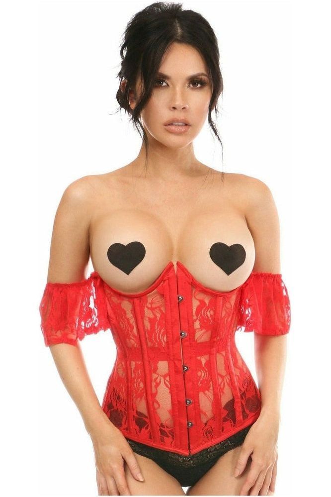 Daisy Corsets Lavish Sheer Red Lace Underbust Underwire Corset w/Ruffle Sleeve