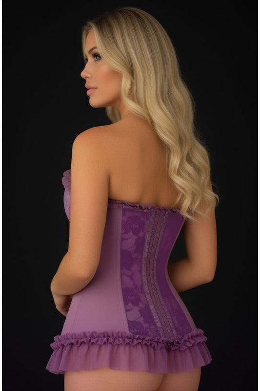 Lavish Vintage Lavender Lycra & Lace Hook & Eye Stretch Bustier Corset - Daisy Corsets