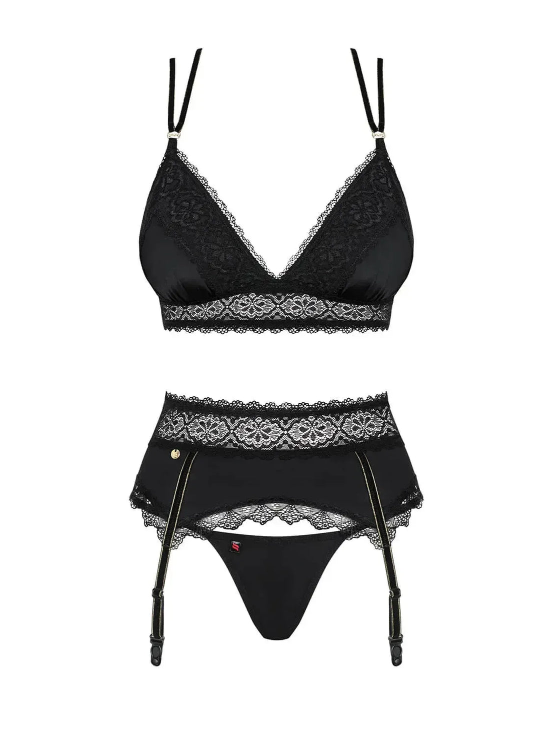 Sensual Lolitte gartered bra set in black, featuring delicate lace, golden adornments, and a tempting thong.