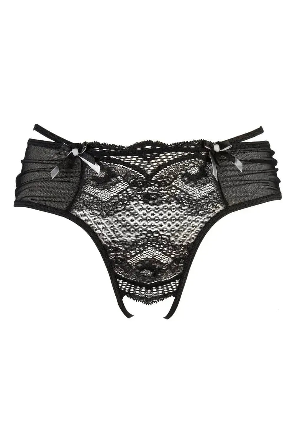 Black Axami Magnetic Ouvert Bikini briefs with openwork lace, delicate strips, and white bows.