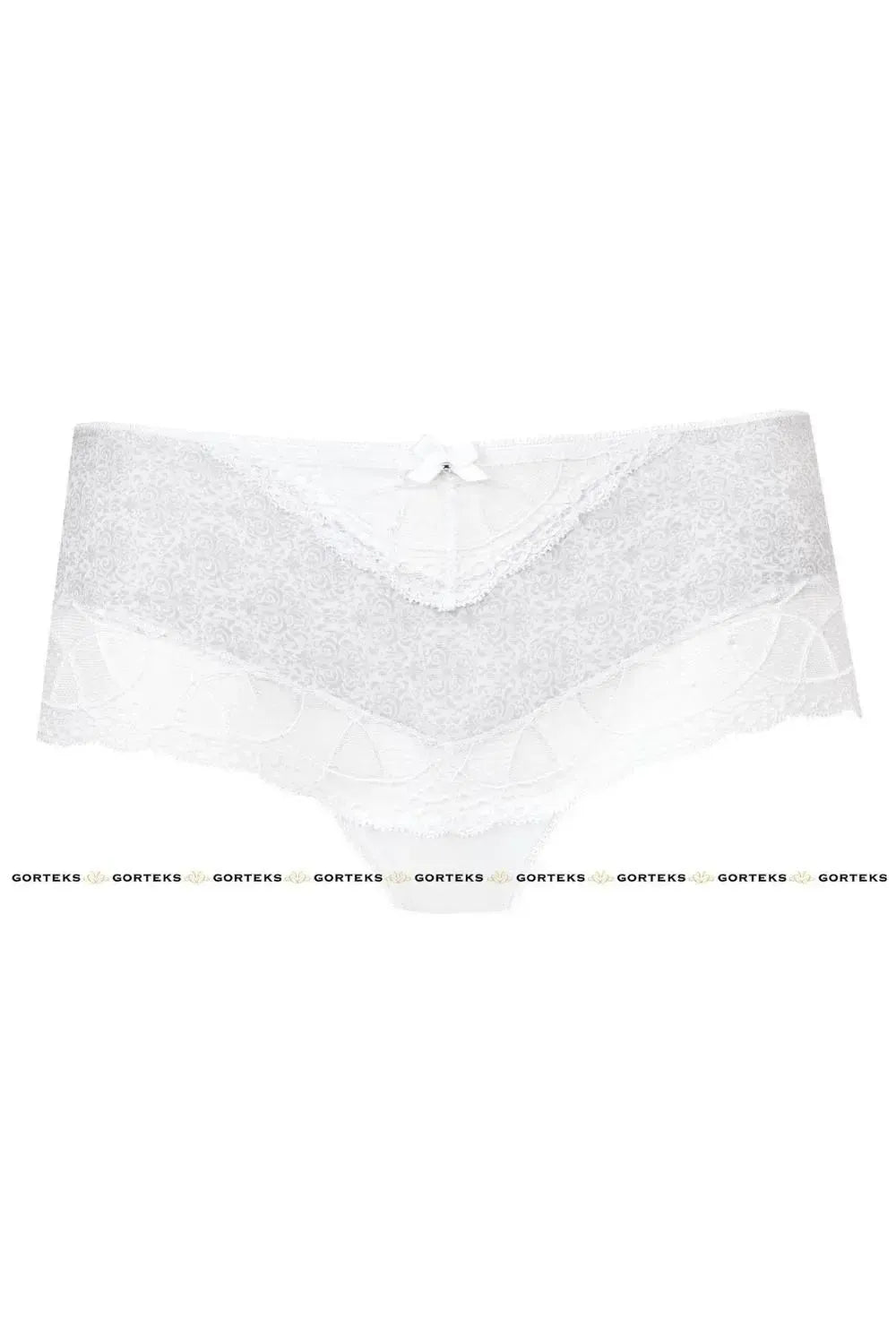 Delicate white Malva Hipster Panty with subtle gray pattern and white lace trim, featuring a comfortable cotton crotch.