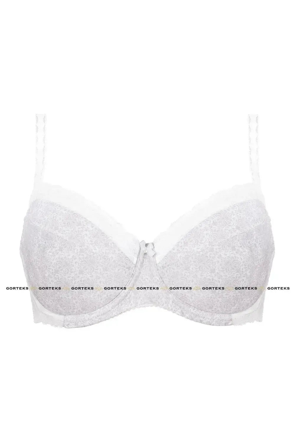 Malva push-up bra in white/gray with subtle pattern, white lace trim, and satin bow.