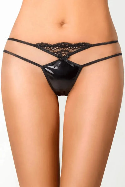 Seductive black Axami Maple Shiny Lollipop G-String with glossy fabric, delicate lace, and charming bow detail.