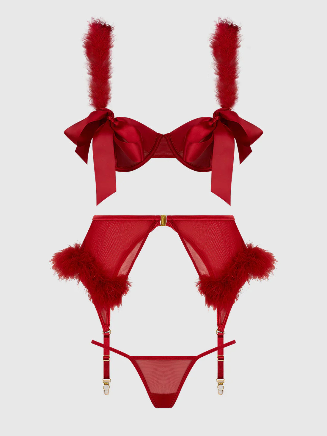 Marilyn Marabou & Mesh Openable Cups Bra Set Crimson Red