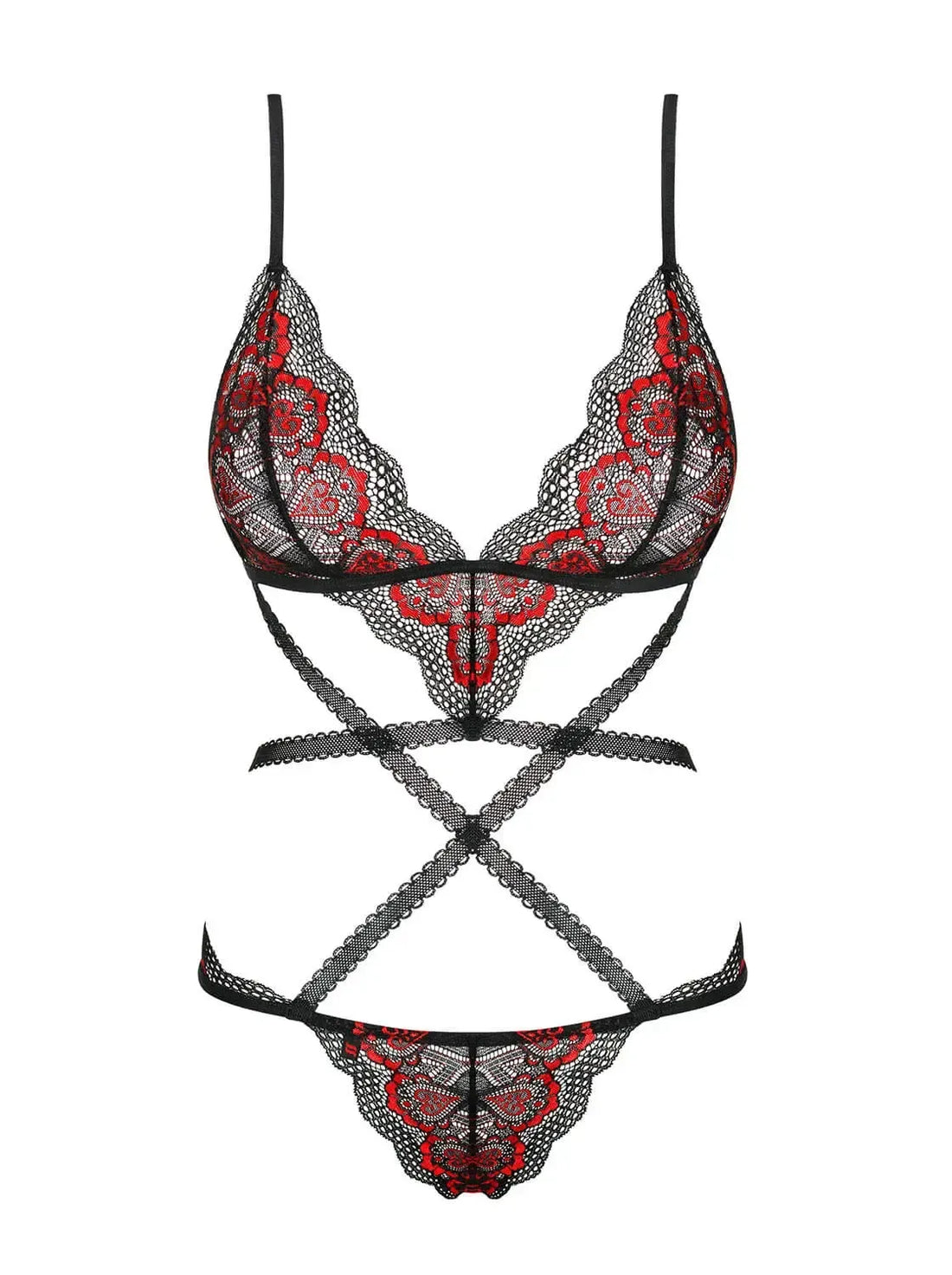 Seductive Megies Heart Lace Teddy in black and red, featuring a unique bra shape, geometric straps, and an uncovered back.