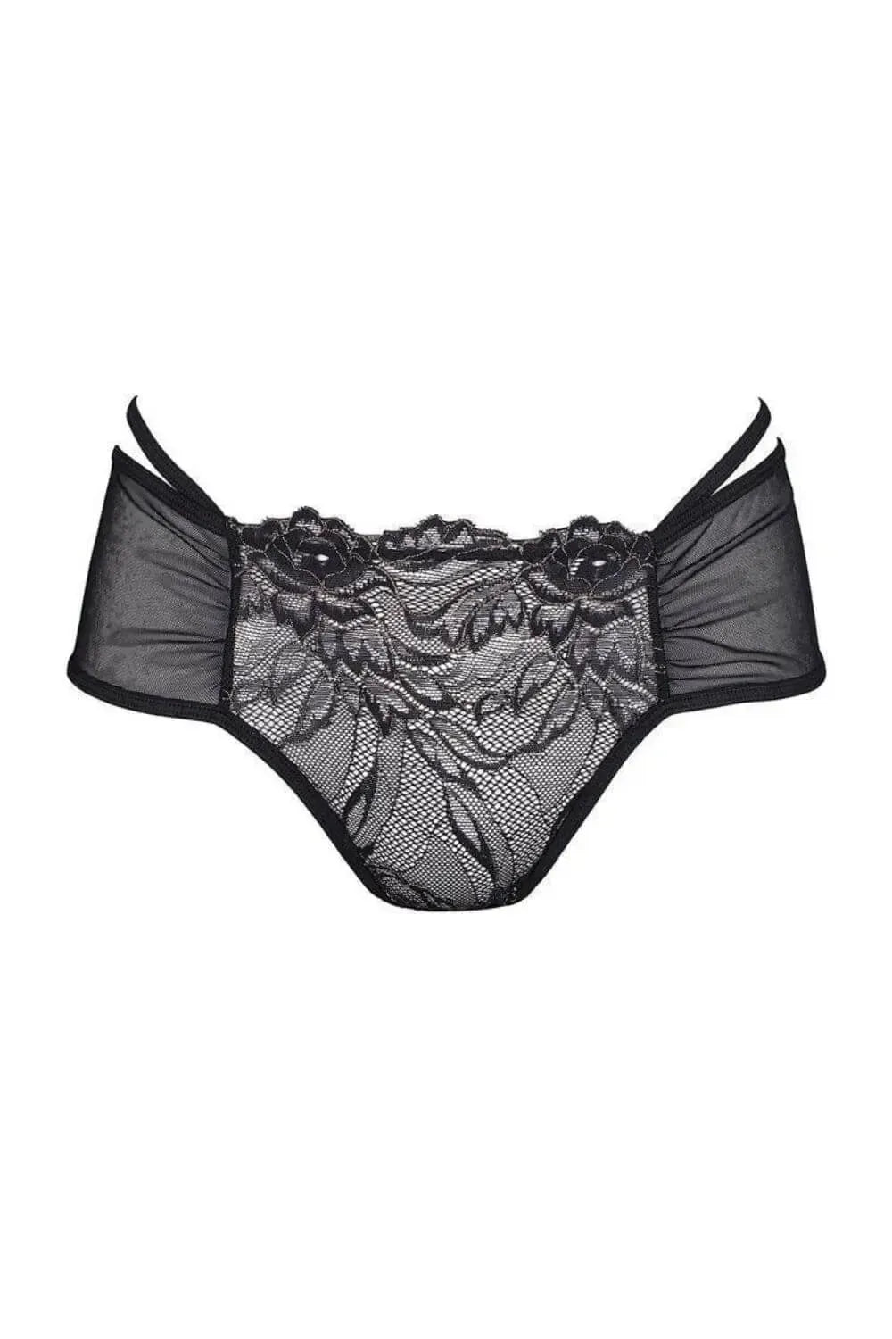 Black Axami Meteorite Lace Ouvert Bikini briefs with transparent tulle and voluptuous floral lace.