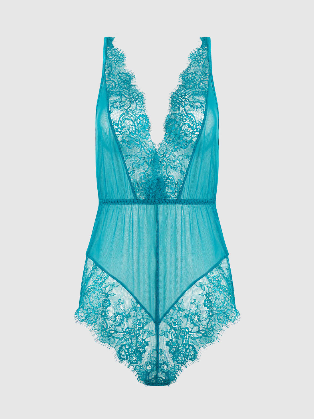 Mila Mesh & Eyelash Lace High Slit Romper Teddy