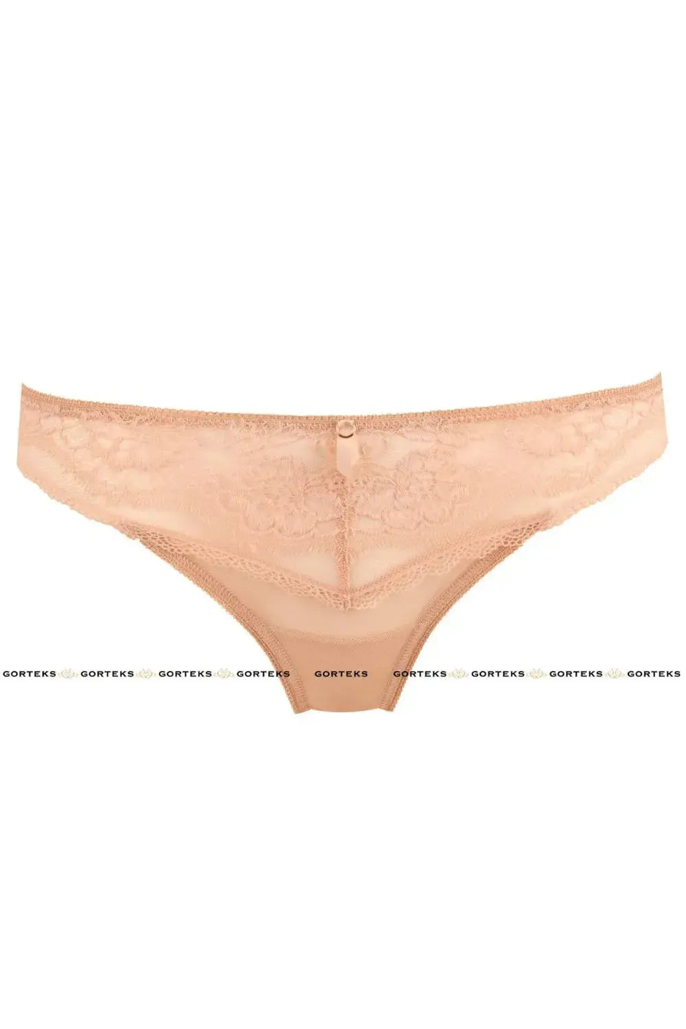 Nella Thong: Girly beige floral lace thong panties with a comfortable cotton crotch.