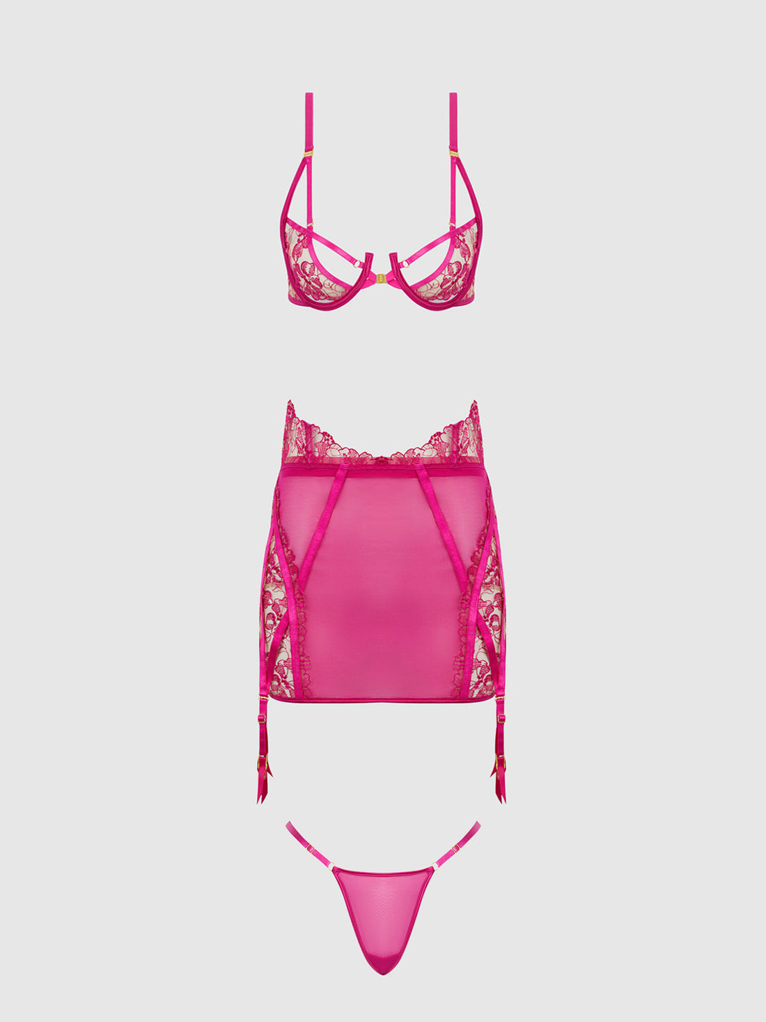 Nova Blacklight Glow Lace Bra, Skirt & G-String Set Pink Dragon