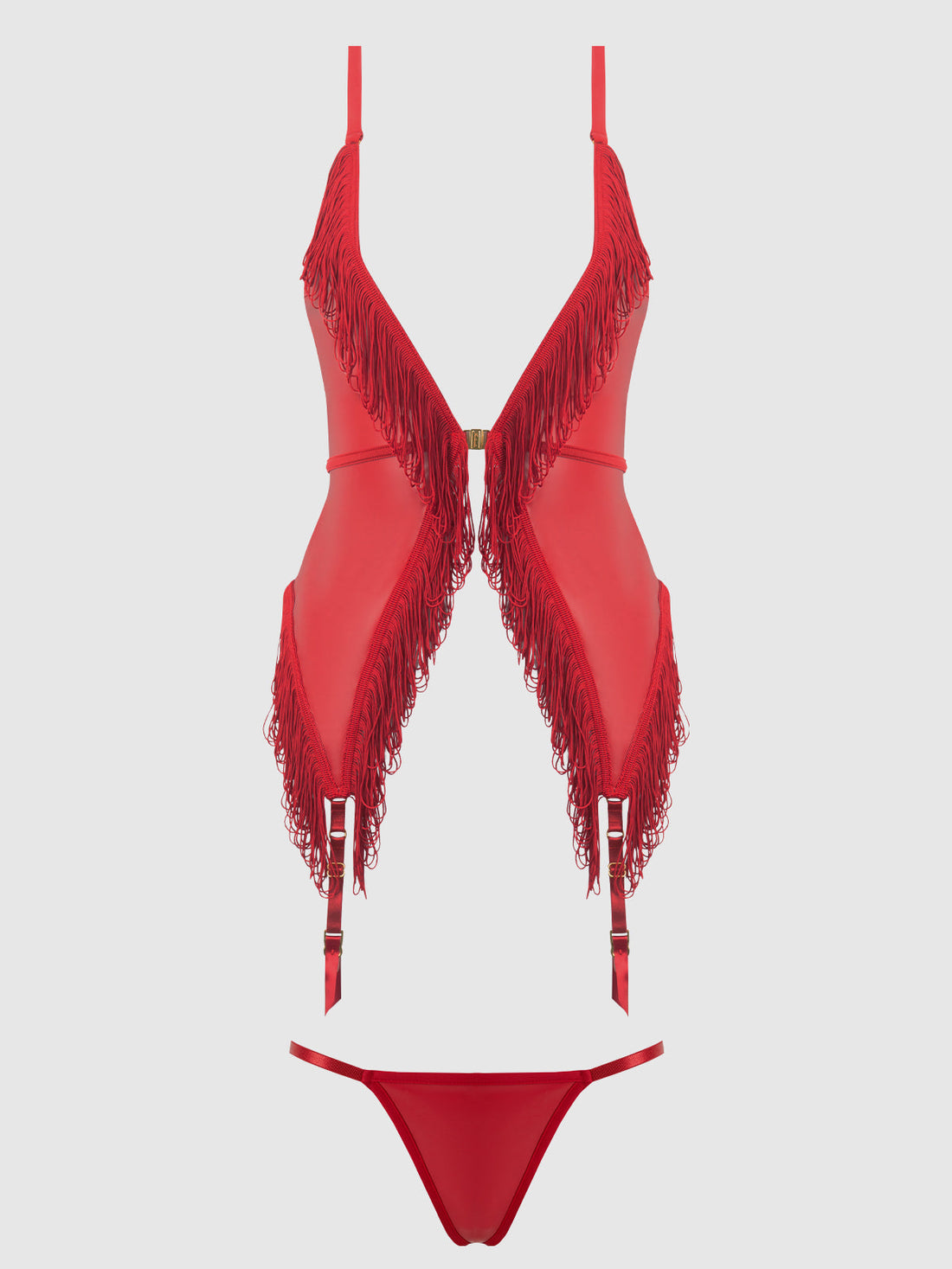 House of Desire Queen Phoenix Faux Leather & Fringe Chemise & G-String Set Crimson Red