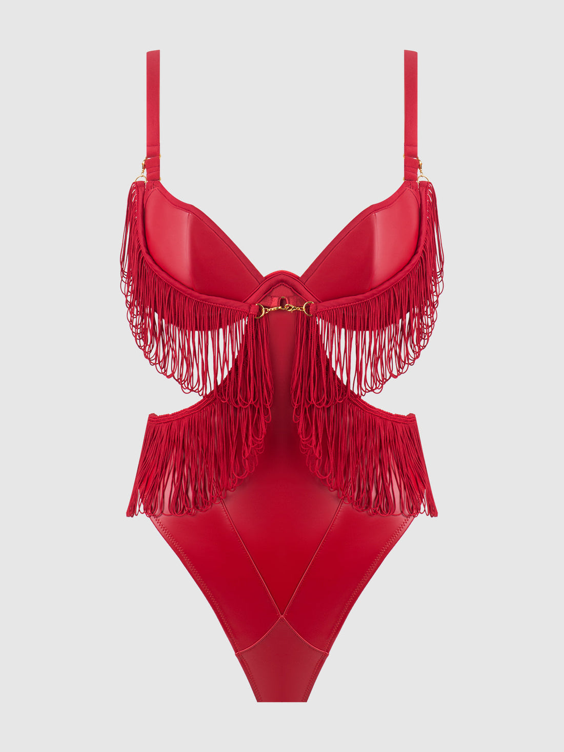 Phoenix Faux Leather & Fringe Crotchless Teddy Crimson Red