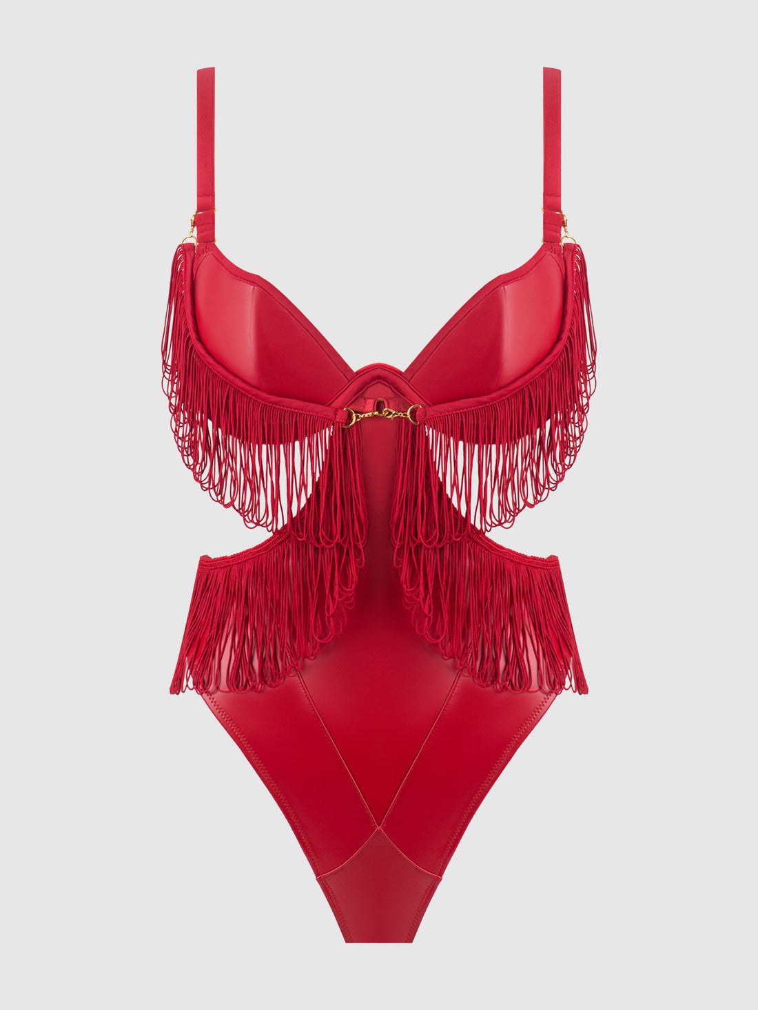 House of Desire Queen Phoenix Faux Leather & Fringe Crotchless Teddy Crimson Red