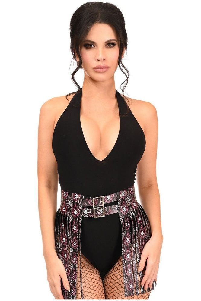 Daisy Corsets Pink & White Skulls Faux Leather Fringe Skirt