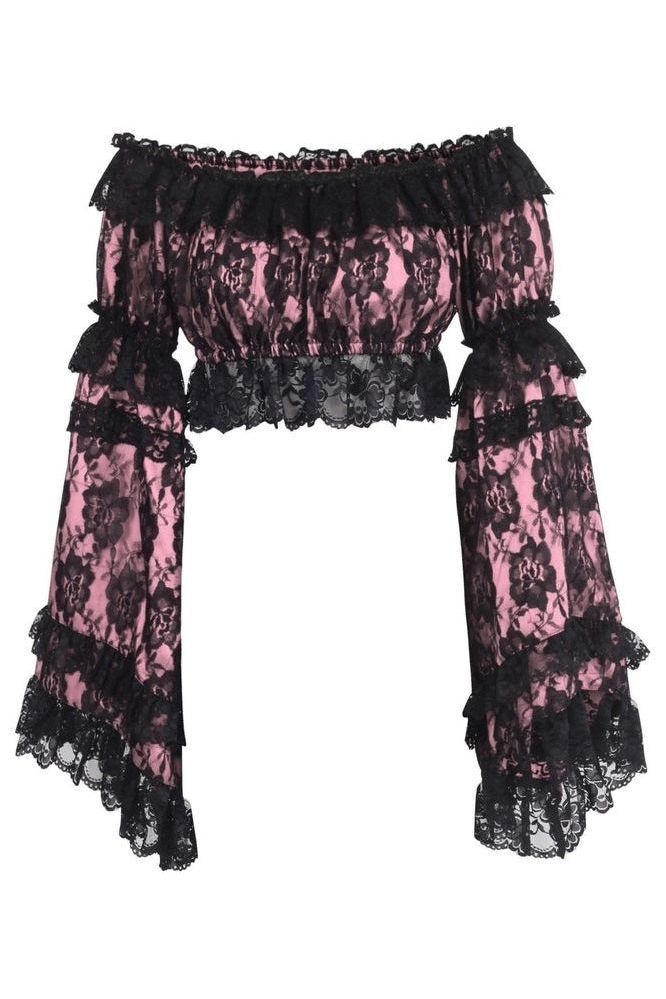 Daisy Corsets Pink/Black Lace Smocked Flare Sleeve Peasant Top