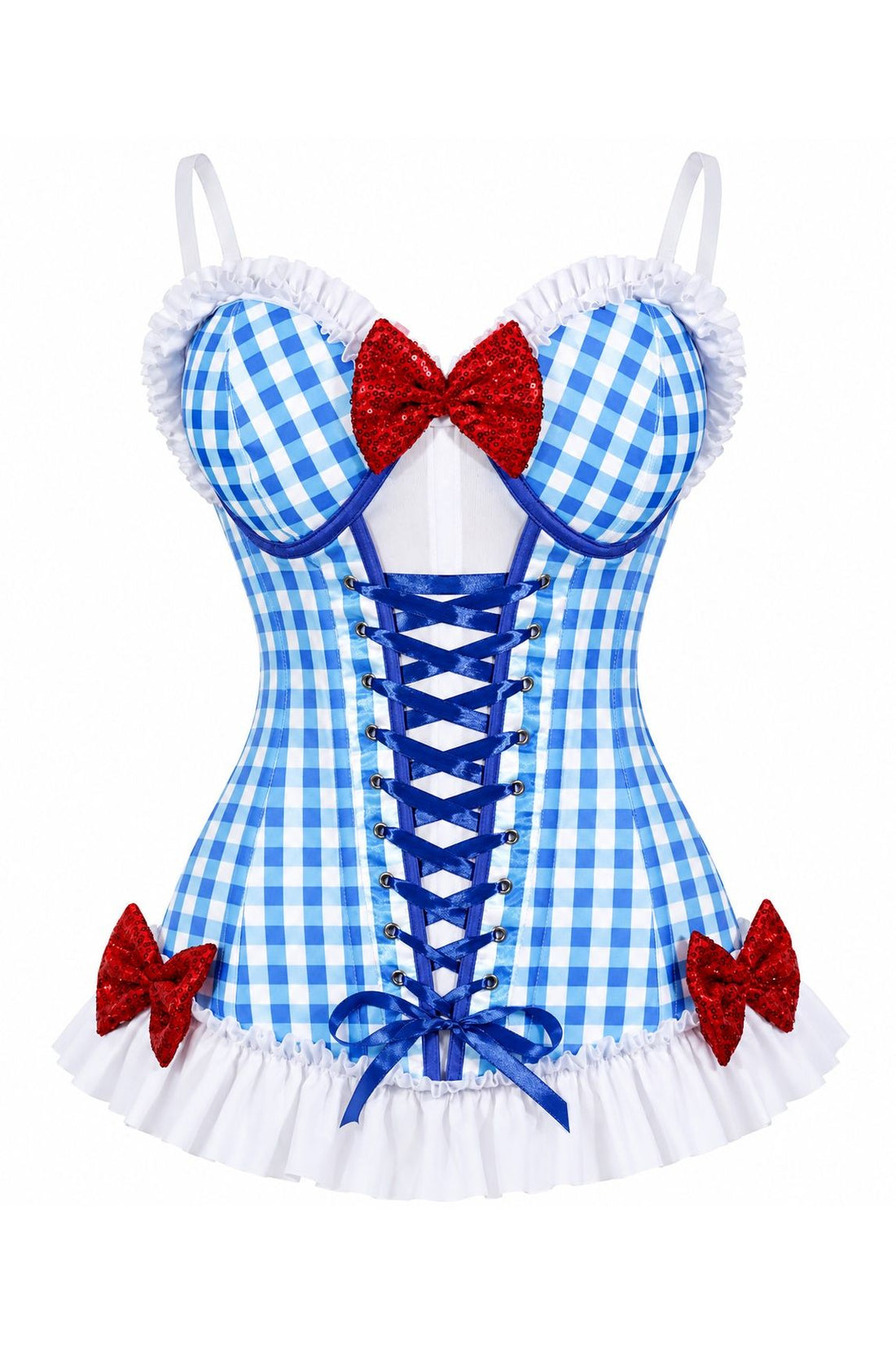 Daisy Corsets Lavish Blue Gingham w/Red Sequin Bows Stretch Lycra Bustier Corset with Underwire Cups