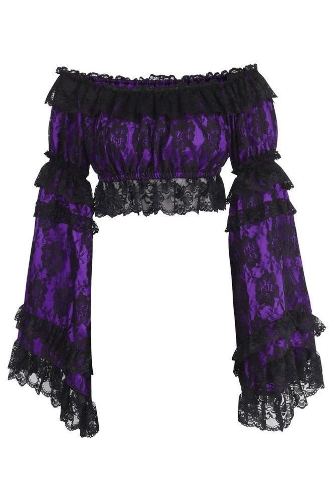 Daisy Corsets Purple/Black Lace Smocked Flare Sleeve Peasant Top