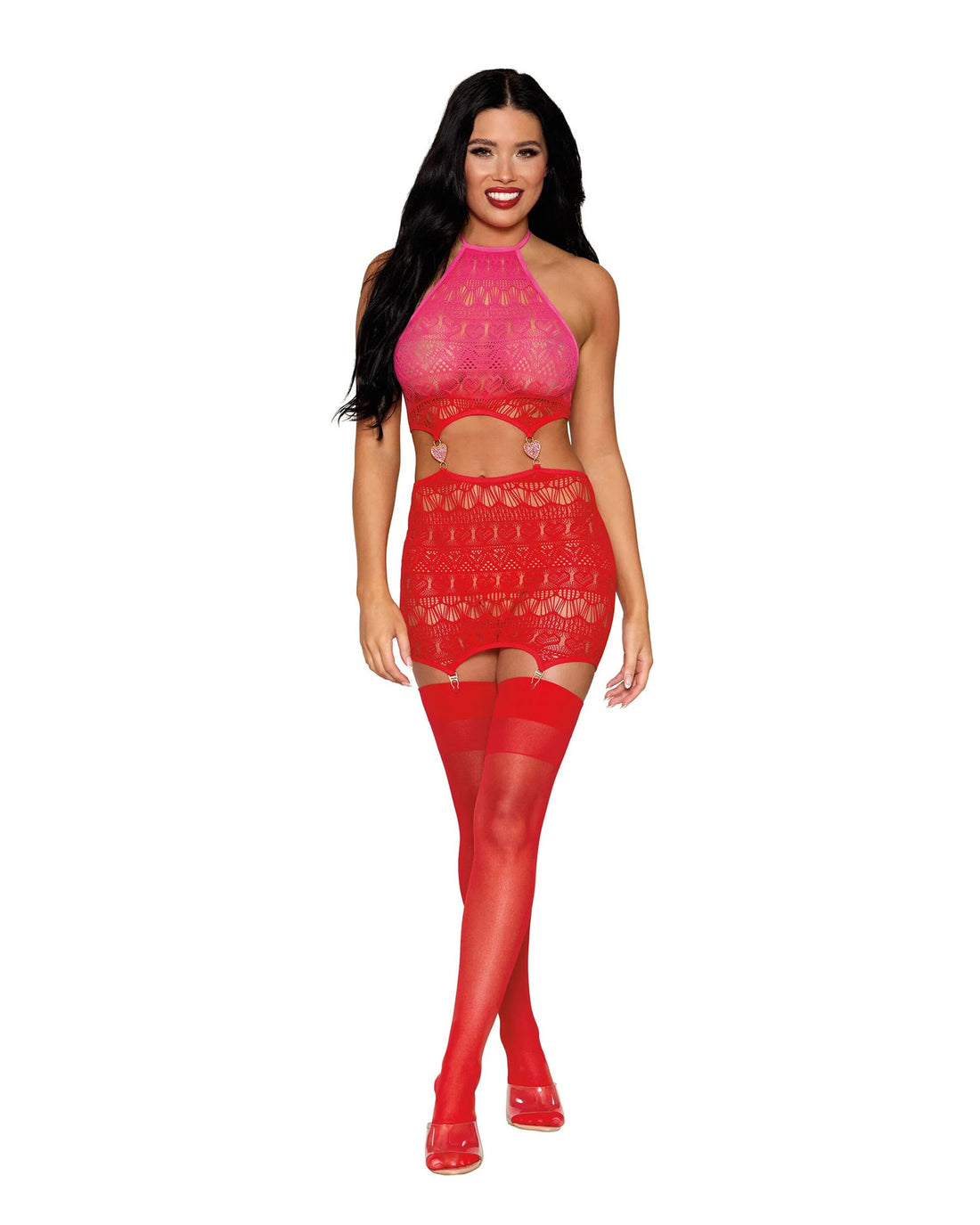 Dreamgirl Halter Garter Slip Hearts Pink Red Valentine