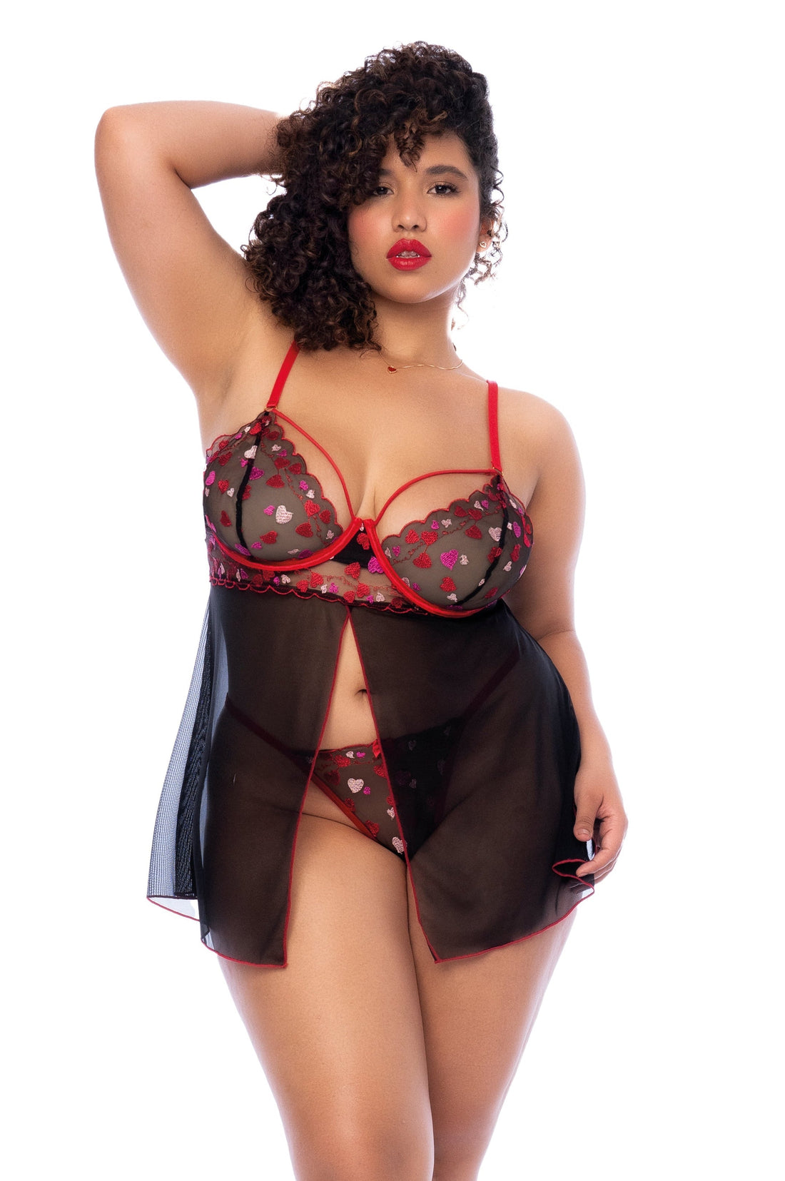 Mapale Plus Size Queen Embroidered Hearts Underwire Babydoll Black/Red-Rebel Romance