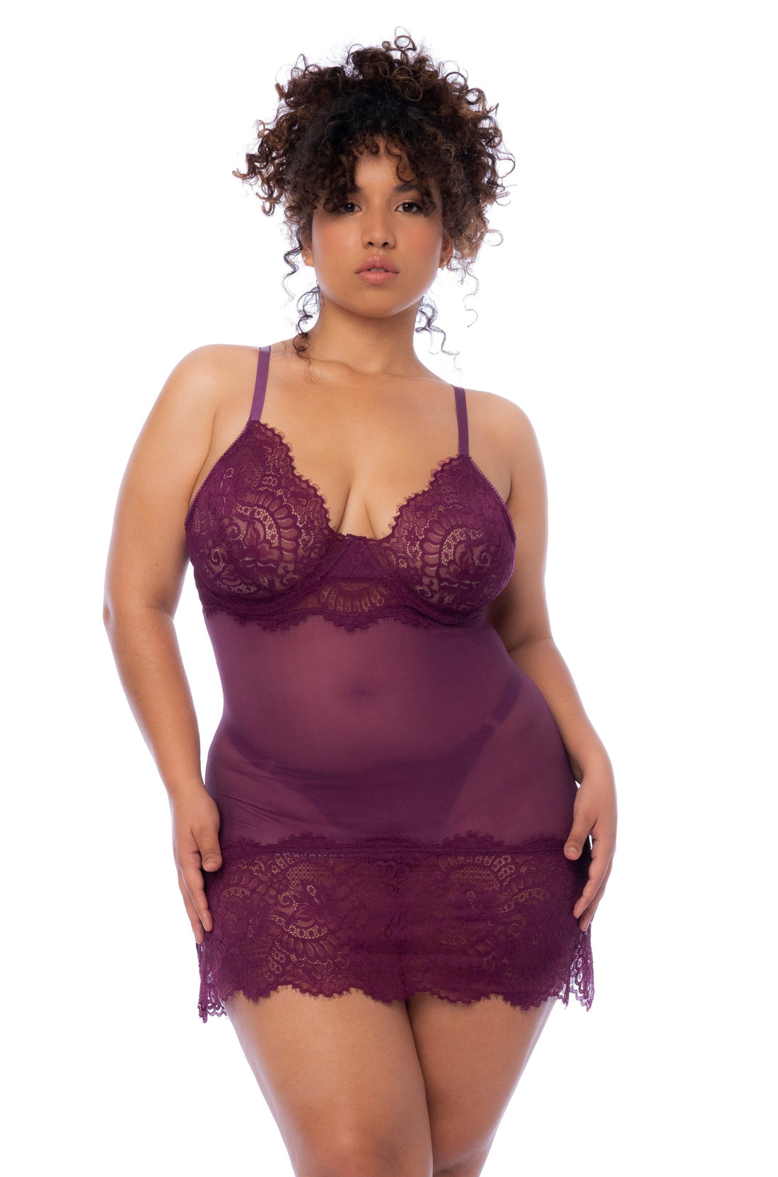 Mapale Plus Queen Eyelash Lace Sheer Underwire Babydoll Wine-Rebel Romance