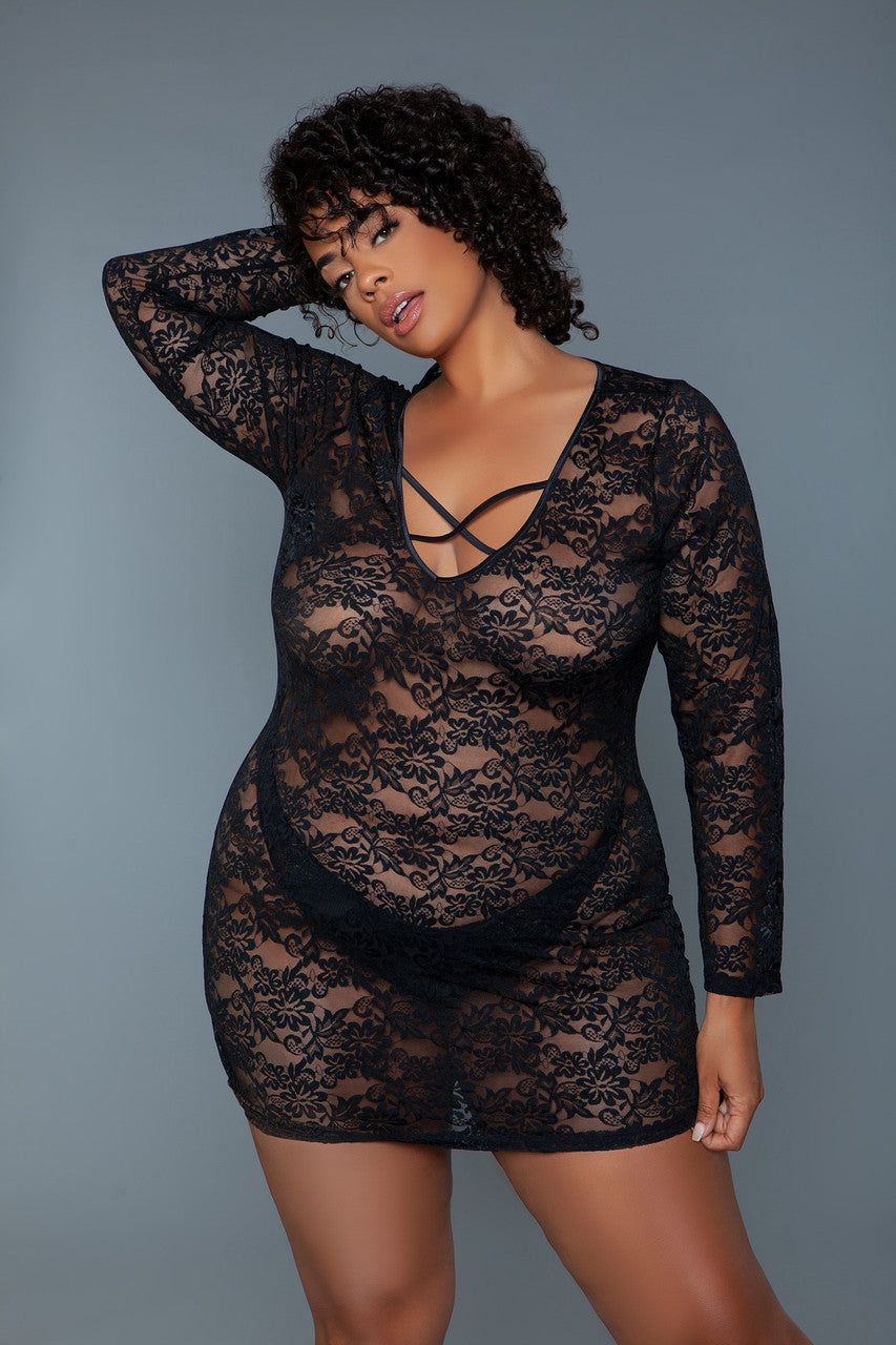 BeWicked Plus Size Queen Lynn Chemise Long Sleeve Black Lace