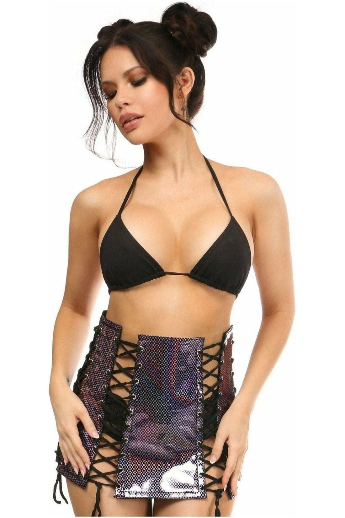 Daisy Corsets Rainbow Fishnet Pattern PVC Lace-Up Skirt
