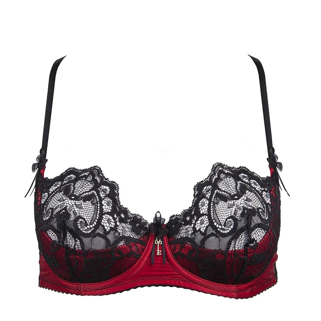 Raissa Quarter Cup Bra: Hot red satin and pitch black lace underwire bra with delicate organza bows.