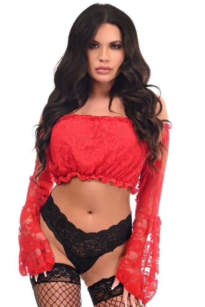 Daisy Corsets Red Lace Lined Bell Sleeve Top
