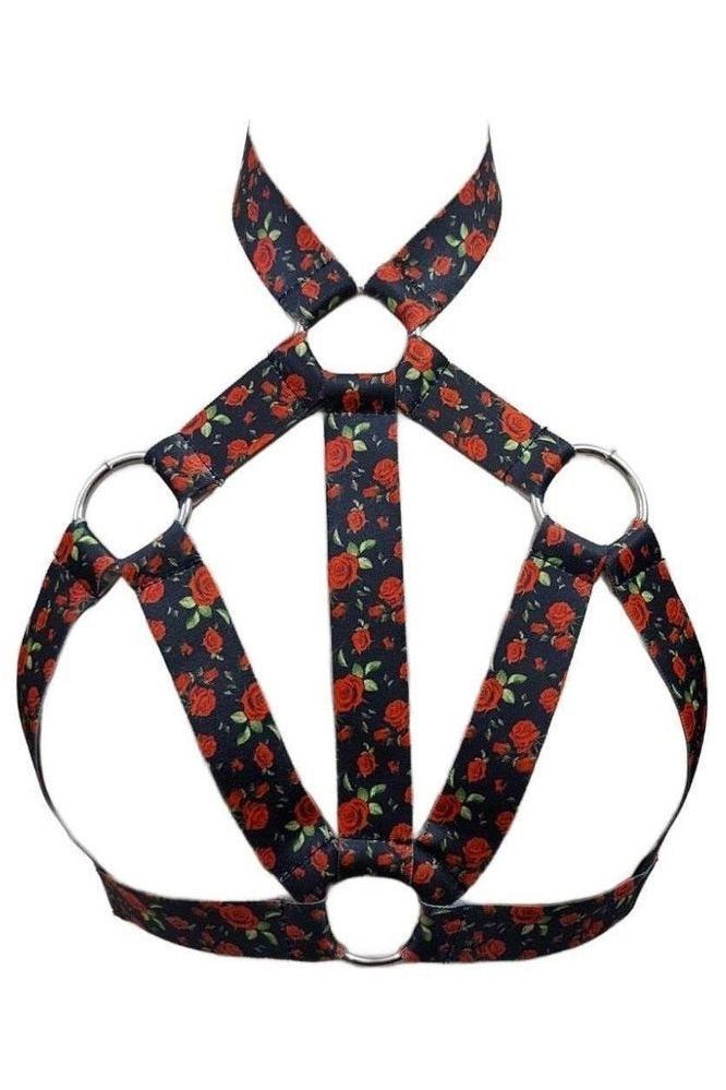Daisy Corsets Red Roses Stretchy Body Harness w/Silver Hardware