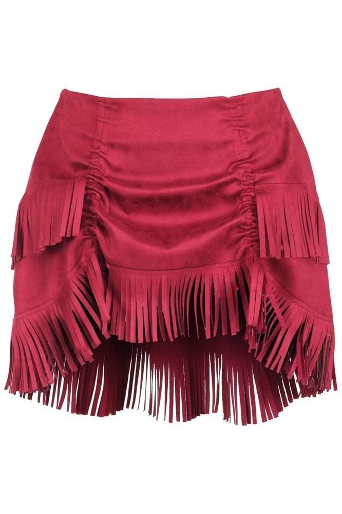 Daisy Corsets Red Suede Ruched Bustle Skirt w/Fringe