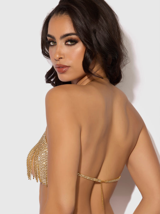 House of Desire Rhinestone Dangle V-Neck Bra Gold