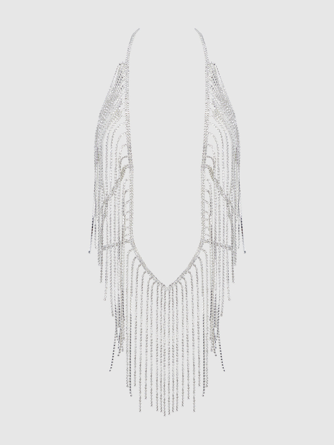 Rhinestone Plunge & Fringe Teddy Silver