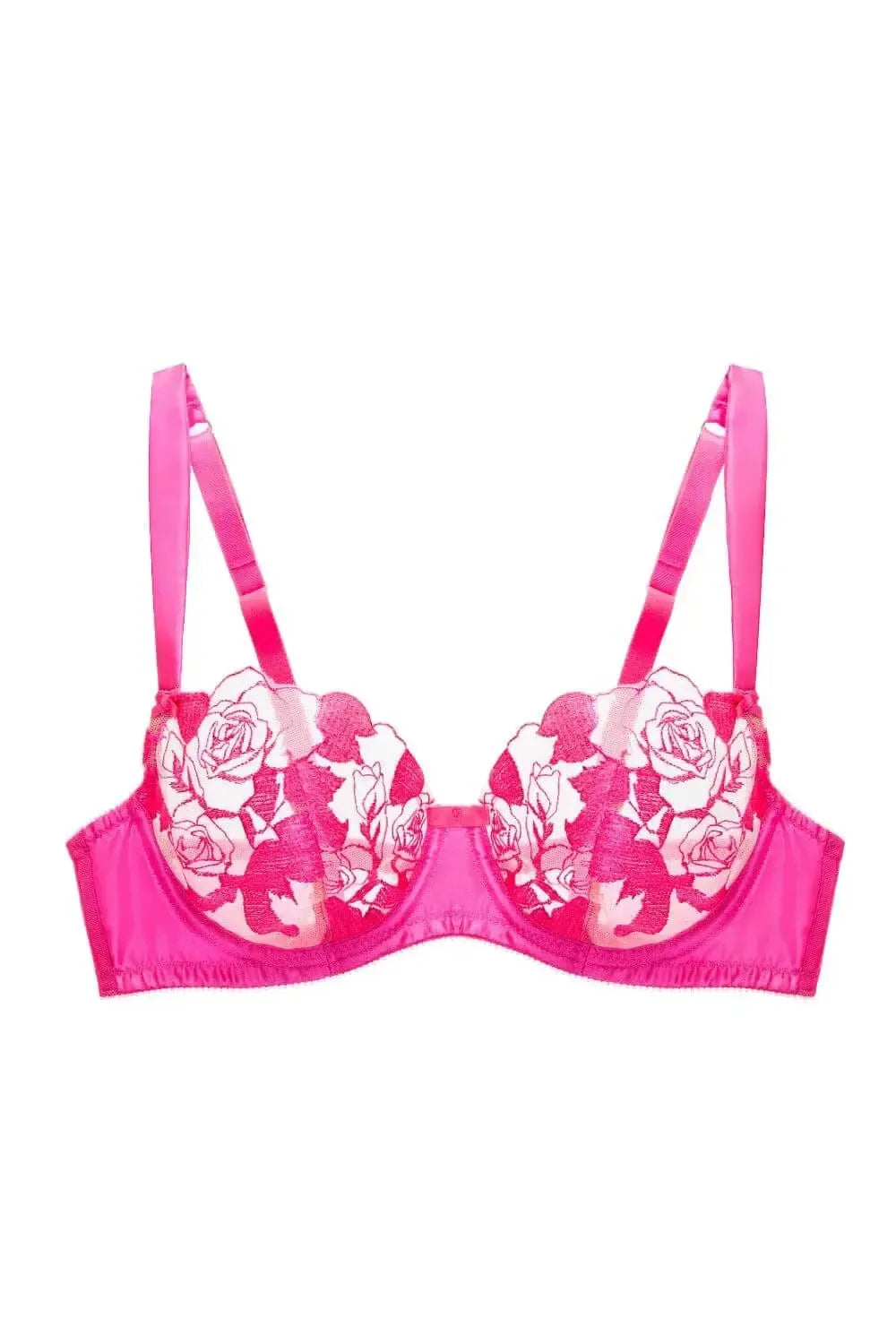 Rosabelle Unlined Bra in Pink Pizazz with dramatic rose embroidery and curved satin panelling.
